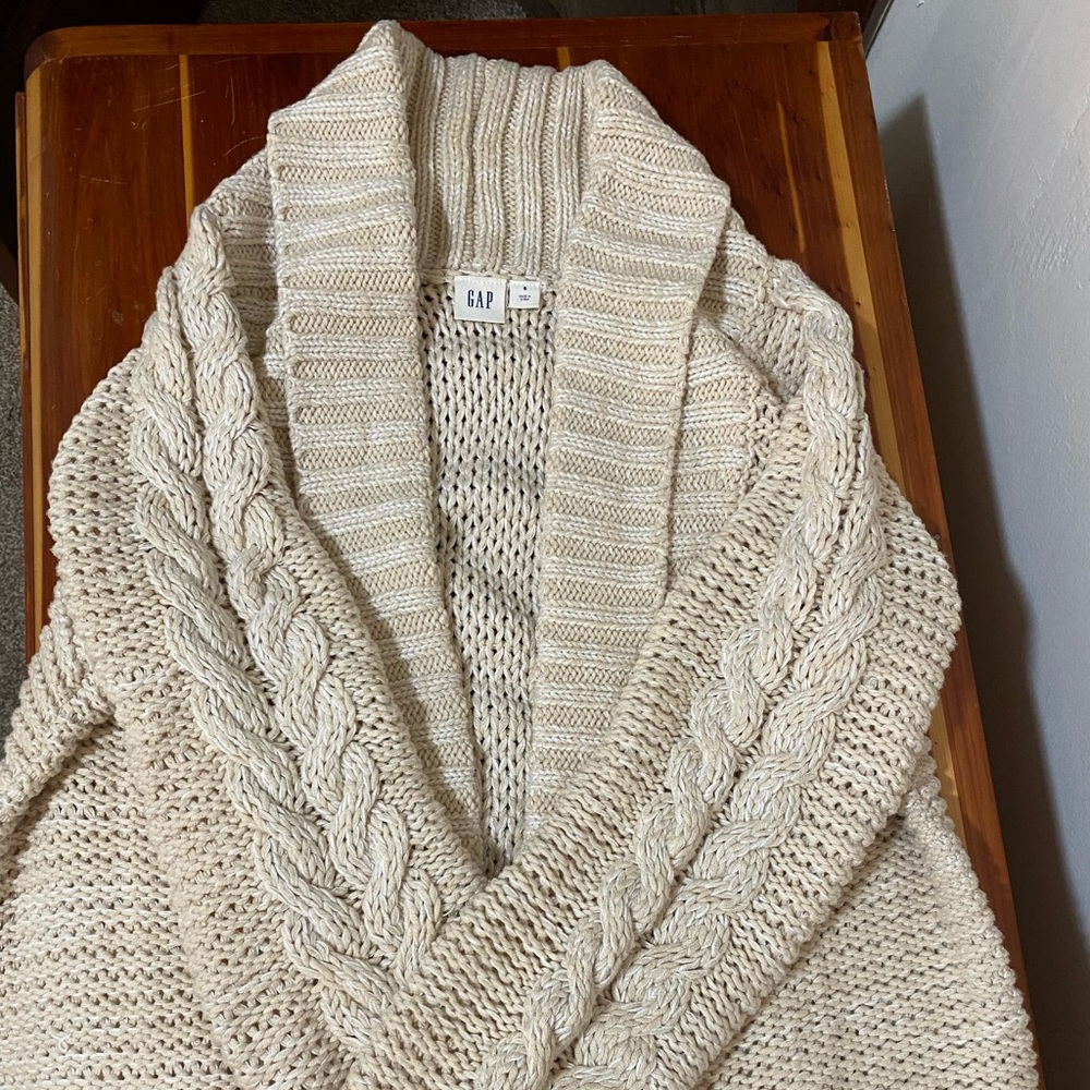 Gap, long, shawl collar cardigan, cable-knit sleeves